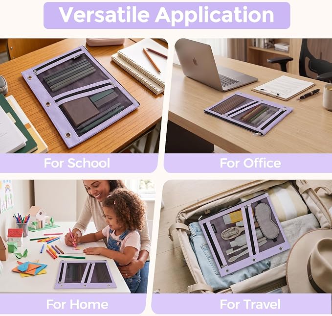 KONVINIT Pencil Pouch for 3 Ring Binder, Purple Zipper Binder Pencil Pouch | Zipper Pencil Pouches, Durable Cloth Pencil Case With 3 Pockets, Mesh Window Pencil Bag With Supplies, Cables, Makeup