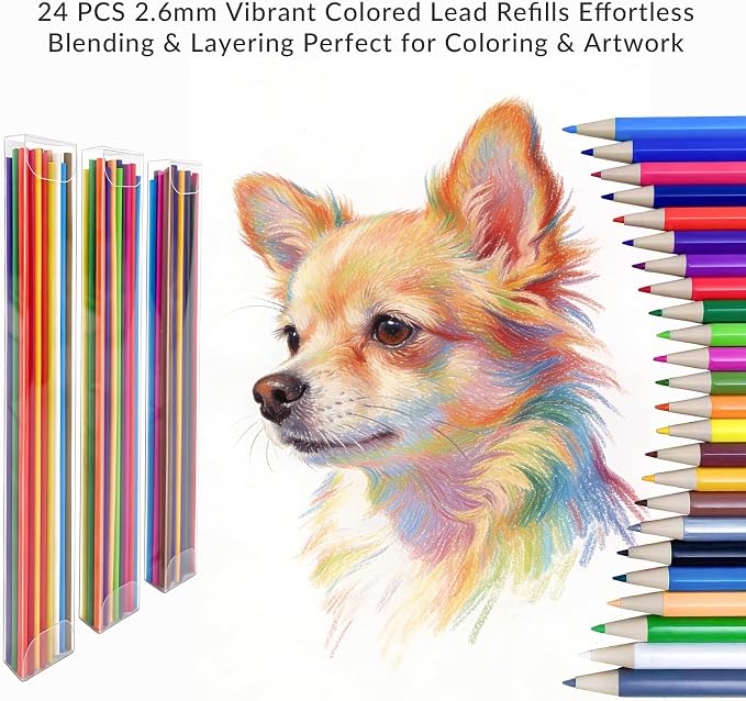 FUNLAVIE 2.6MM Colored Mechanical Pencil Lead Refills, 24 Assorted Color Pencils Refills, 3-Pack (72 PCS) – Oil-Based Soft Core Drawing Pencils, Vividly Brilliant Colors for Art & Sketching