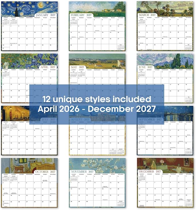 Aesthetic 2026-2027 Magnetic Calendar for Refrigerator, 21-Month Fridge Calendar Magnet from April 2026 to December 2027, Easy Organizing, Van Gogh