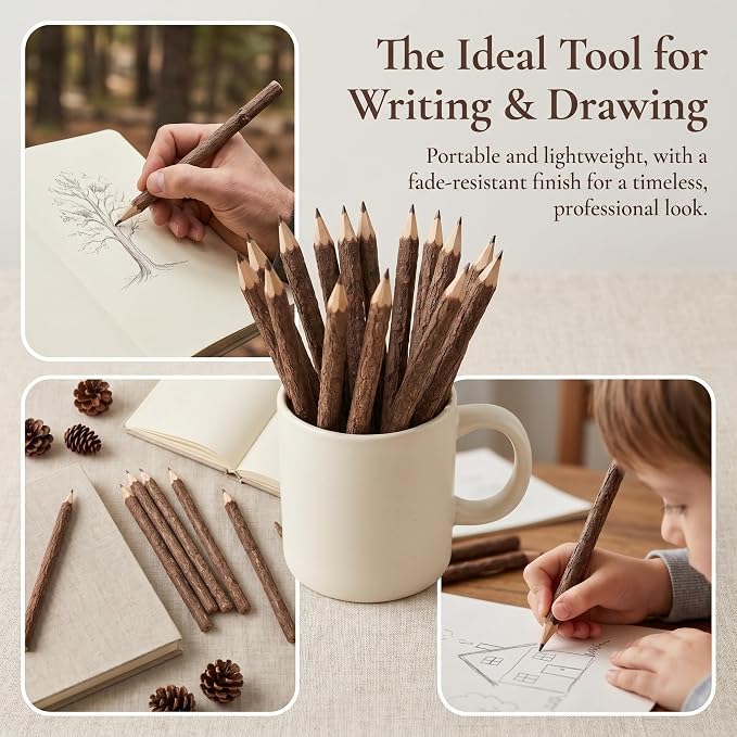 Tofficu 32Pcs Natural Wood Pencils, Wood Graphite Long Twig Pencils, Wooden Tree Bark Pencil Decor, Camping Pens for School Party Supplies Novelty