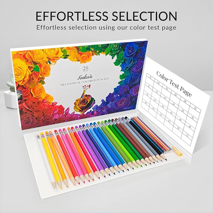 FUNLAVIE 24 Mechanical Colored Pencils with 24 Lead Refills, 48 Pcs Total, 2.6mm Oil-Based Soft Core Drawing Pencils for Adult Coloring Books, Vivid Brilliant Color for Art & Sketching, with Sharpener