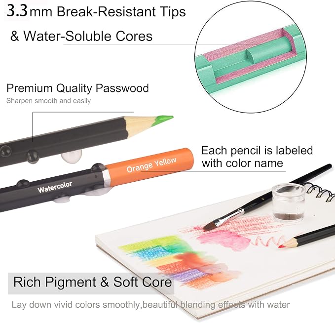 KALOUR 72 Water Soluble Watercolor Pencils Set with 2 Brushes | Smooth blendable pigments for wet & dry painting, great for adults, beginners, coloring books, sketching and illustration
