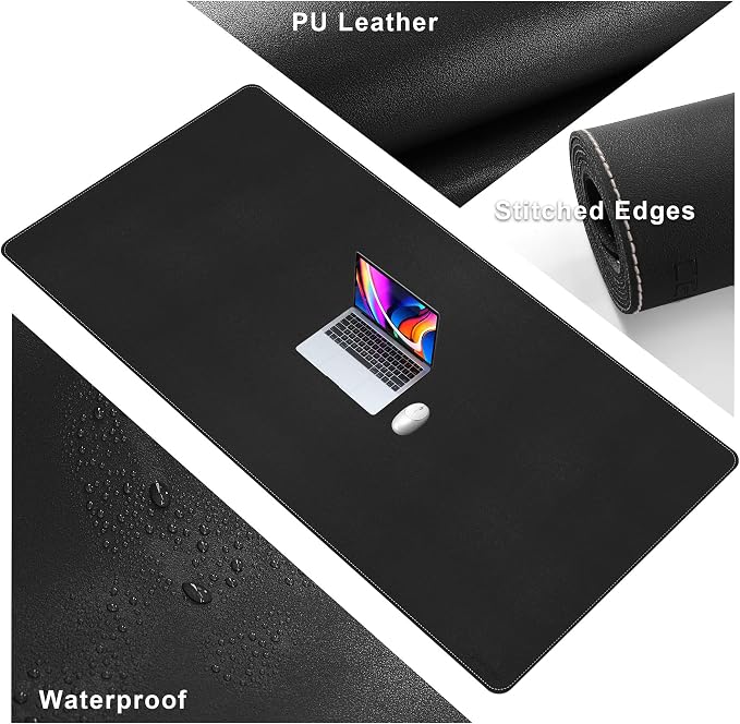 CENNBIE Leather Desk Mat, 63" x 31.4" Large Desk Pad Protector (Black) | Premium stitched edges resist wear. Easy to clean. Protects desk from spills, stains & scratches. Smooth glide. Office & home