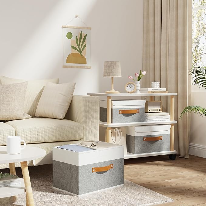 OUTBROS Collapsible Storage Boxes, 15x9.8x9.8 inch (White/Grey, 5-Pack) | Storage Cubes with Lid, Linen Fabric Wardrobe Baskets, Large Box For Towels, Clothes