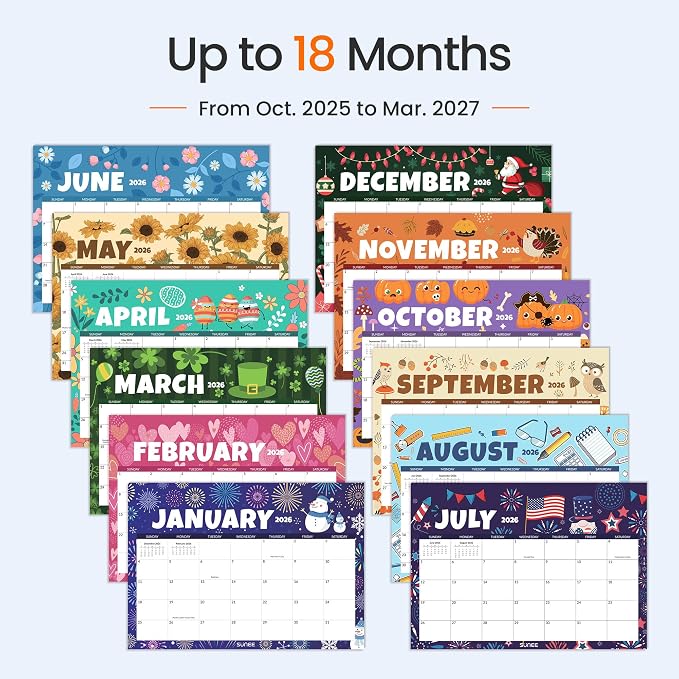 SUNEE Desk Calendar 2026, 18 Months from Oct. 2025 to Mar. 2027, 17"x12" Academic 2026 Desk Calendar for Home, School, or Office Desk Top Organizing, Seasons Color Monthy Calendar 2026