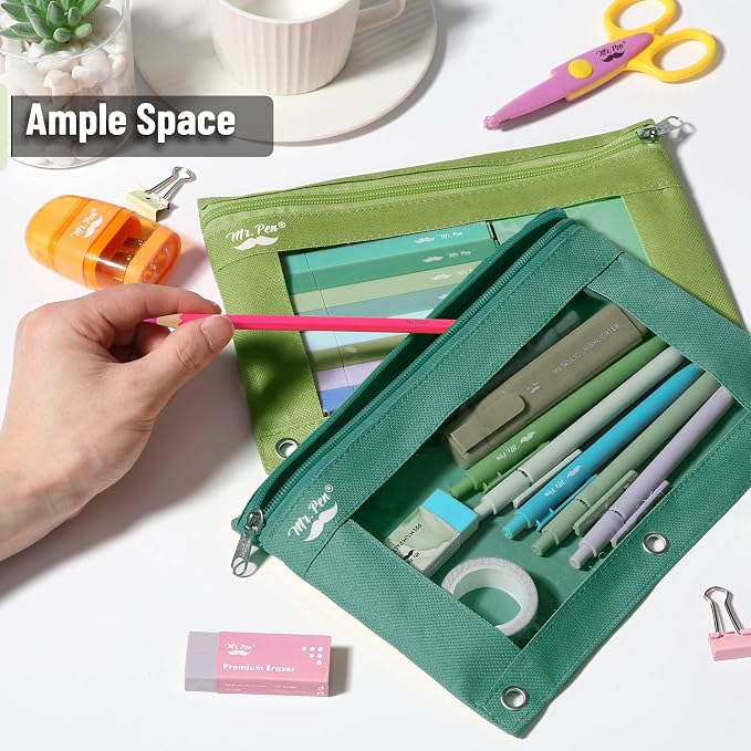 Mr. Pen- Pencil Pouch for 3 Ring Binder, 2 Pack, 10"x6.75", Smooth Zipper | Clear Window, Large Capacity Pencil Case with 3 Reinforced Grommets for School, Office, Supplies Storage | Clear Window, Large Capacity Pencil Case with 3 Reinforced Grommets f...