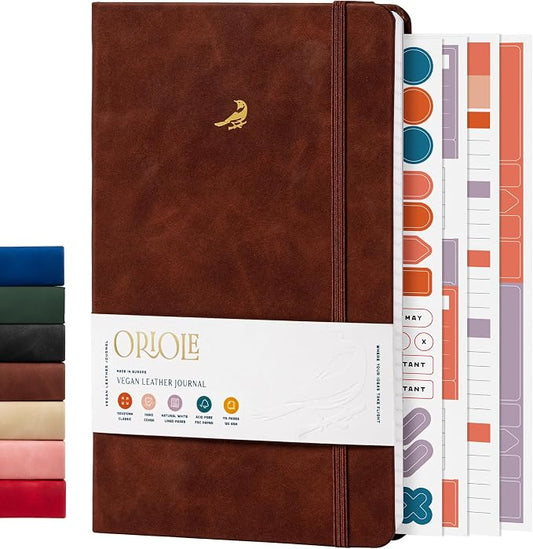 Oriole Vegan Leather Ruled Notebook - Chestnut Brown | 176 Pages of Thick Lined Paper | Soft Touch Hardcover Journal (5 x 8 in) with Gold Foil Bird Design & Luxury Gift Box