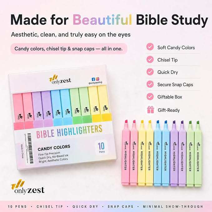 10 Pack Bible Safe Highlighters - Candy Color, Wax Highlighters | No Bleed, Scripture Markers for Journaling, Study Accessories and School Supplies