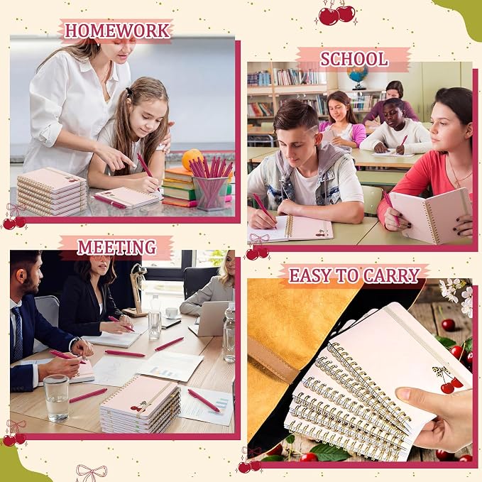 Fulmoon 24 Set Cherry A6 Spiral Notebook with Ballpoint Pens 50 Sheets, 4"x 6" Small College Ruled Notepads Journaling Notebooks Bulk for Back to School Supplies Offices Team Cherry Birthday Gifts