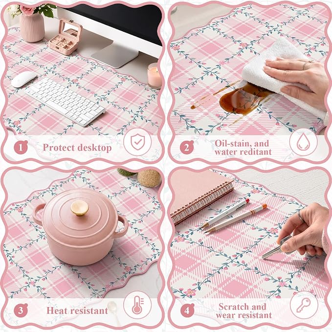 iCasso Vintage Floral Desk Mat, Large Mouse Pad, XXL Leather Scalloped Checkered Computer Mat, Back to School Girly Non-Slip Base Mousepad, Pink Desk Accessories for Home Office (Light Pink)