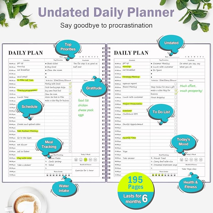 Planner Undated, Asten Daily Planner Agenda with To Do List, Hourly Planners for Women and Men, Spiral Appointment Book Planners Notebook with Elastic Closure, Day Planner for ADHD 8.5" x 11" (Purple)