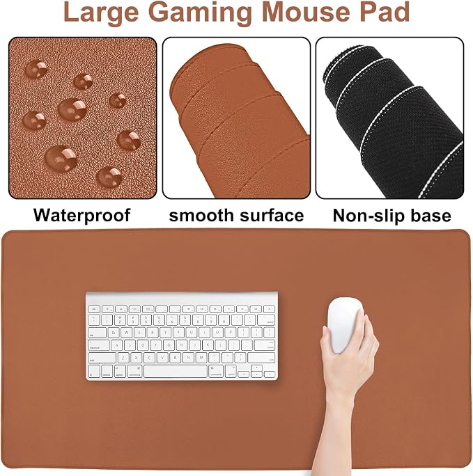 MOSISO Keyboard Mouse Pad Set, PU Leather Large Gaming Mousepad&Keyboard Wrist Rest&Mouse Wrist Rest&Coaster, Ergonomic Non-Slip Mousepad&Easy Typing Cushion with Memory Foam for Home Office, Brown