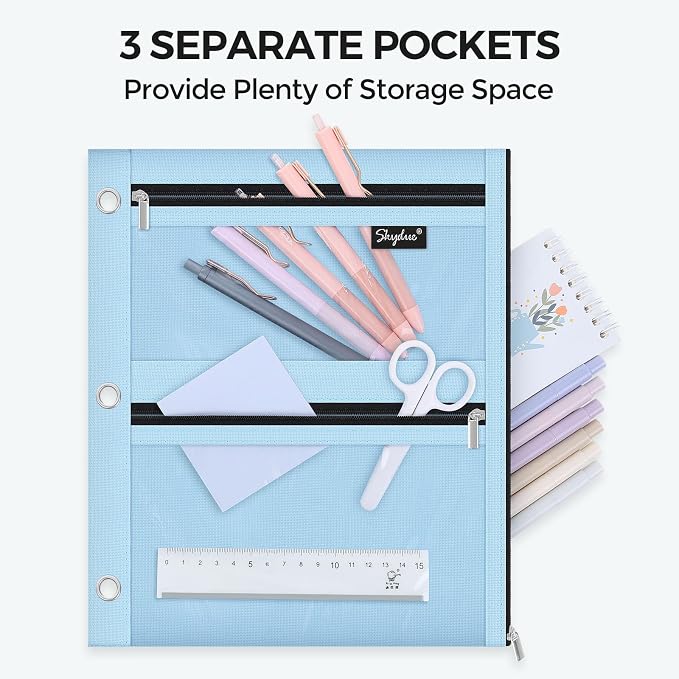 SKYDUE Binder Pencil Pouch for 3 Ring Binder, 3 Compartment Zipper Case, Large Capacity Pen Organizer with Clear PVC Window for School Supplies, Students, Kids & Teachers