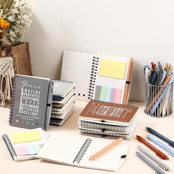 Jetec 20 Pcs/10 Sets Back to School Teacher Gifts Motivational Spiral Notebook with Sticky Notes Pen Bulk Inspirational Journals Thank You Gift for Employee Coworker Birthday Party (Morandi)