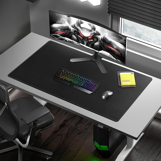 CENNBIE Leather Desk Mat Large, 43.6" x 23.6" Extended Mouse Pad (Black) | Premium stitched edges resist wear. Easy to clean. Protects desk from spills, stains ,scratches. Smooth glide. Office & home.