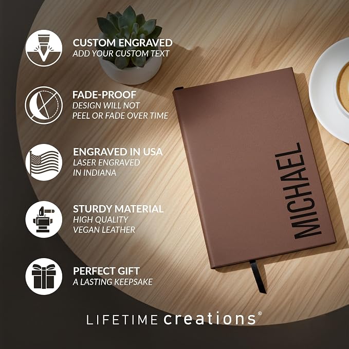 Lifetime Creations Custom Notebook (Dark Brown, Vertical Name) - Personalized Hardcover Vegan Leather Writing Journal, Business Meeting Notebook Gift for Professionals, Hard Cover Notepad