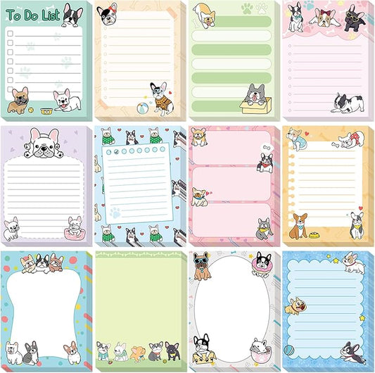 Chiisong 12 Pcs French Dog Sticky Notes Kawaii Notepads 3x4 Inch Adhesive Dog Gifts for Frenchie Lovers to Do List for Memo Reminder for Office Home Supplies Christmas Small Gift