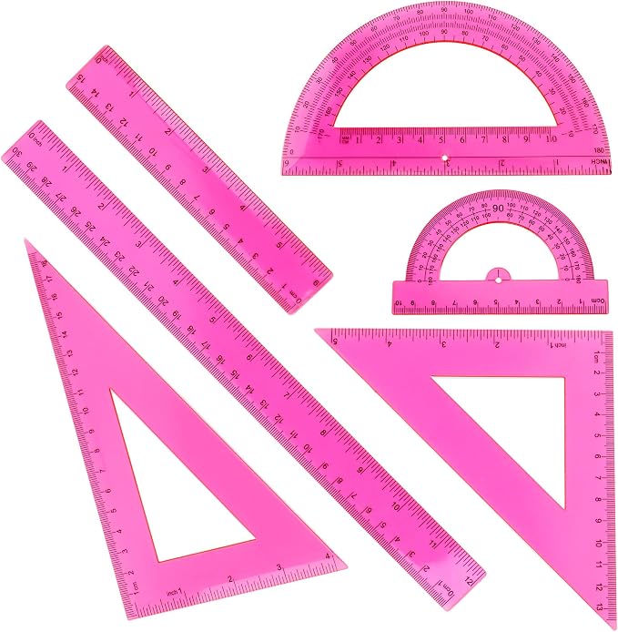 Plastic Clear Ruler Math Set - 6'' 12'' Transparent Straight Ruler, 4'' 6'' Protractor, 30/60 & 45/90 Triangle Ruler,Geometry Math Measuring Tool for School Home Office Drawing Teachers Kids Hot Pink