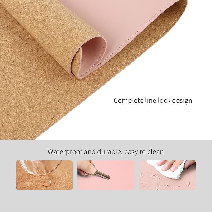 RENMTURE Dual-Sided Mouse Pad, Natural Cork & PU Leather Large Desk Pad for Office and Home Work, Desk Protector Non-Slip, Waterproof, Easy Clean (Pink, 36"x17")