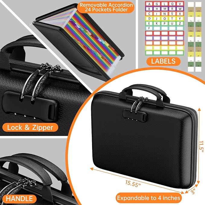 ENGPOW Fireproof Document Box with Lock & 25-Pocket Accordion File Folder | Fire & Water Resistant,Hard Case File Organizer with Handle,Portable Home Office Safe Storage for Important Documents,Laptop