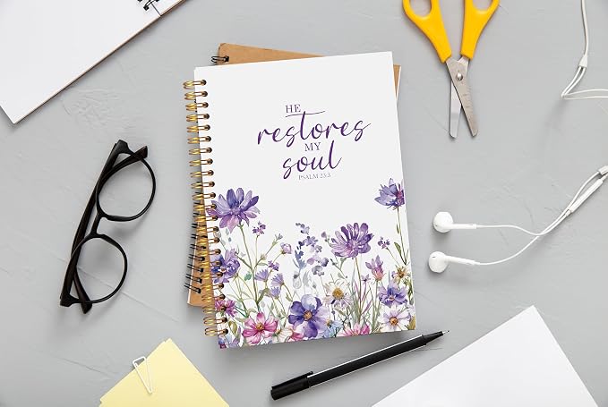 Christian Notebook for Women, Christian Gifts Journal, Prayer Journal for Women, Bible Journaling Notebook, PSALM 23:3 He Restores My Soul Floral Spiral Notebook 5.5x8.3