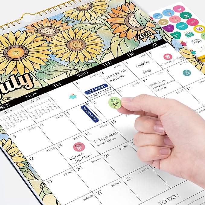 Ospelelf 2026 Coloring Wall Calendar 12'' x 17'' Family Doodle Calendar, 18 Months Desk Calendar Planner with Plastic Cover, Use July 2026 - Dec 2027, Floral