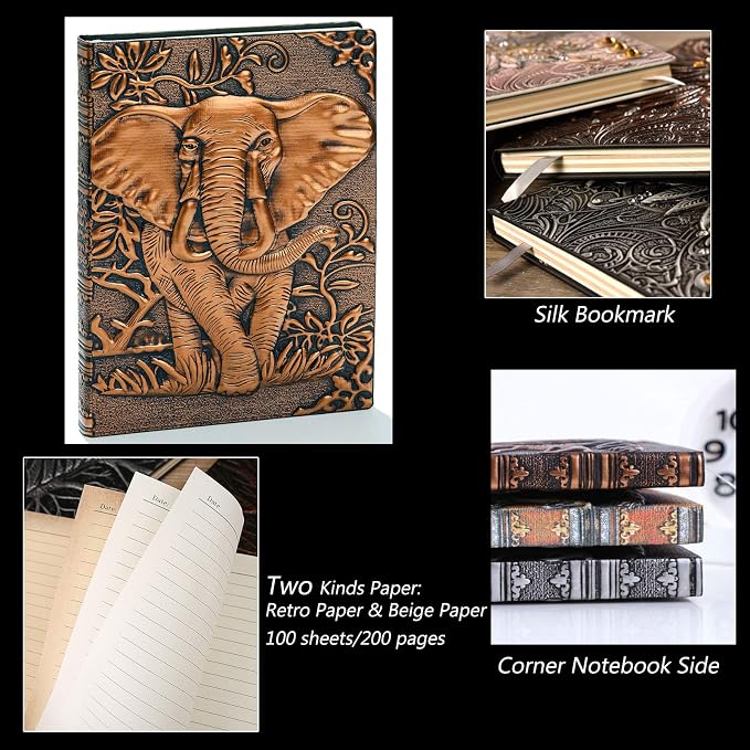 3D Elephant Vintage Leather Journal Writing Notebook with Pen Set,Antique Handmade Leather Daily Notepad Sketchbook,Travel Diary&Notebooks to Write in,Elephant Journal Gift for Men Women