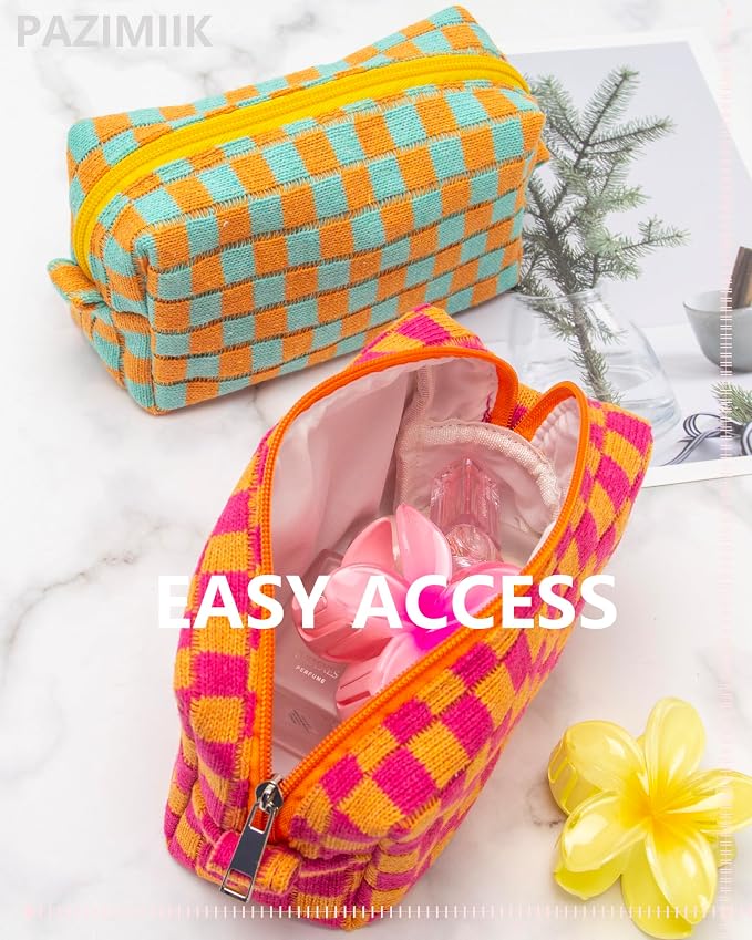 Checkered Makeup Bag for Purse, Small Cosmetic Pouch,Red Orange,6 Pack | Cute Zipper Makeup Organizer for Women, Travel Essentials, Toiletries, Makeup Brushes, Beauty Accessories&Bridesmaid Gifts