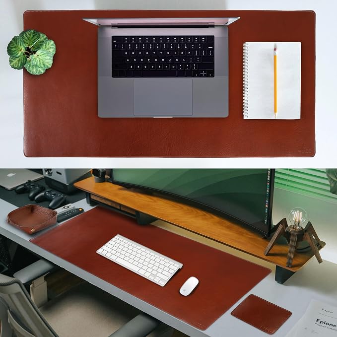 ELIZO Leather Desk Pad Real Leather Desk Mat Thick (3mm) Double Layer (32x16) Cover Blotter Desk Protector Large Computer Mat for Keyboard Mouse Pad Table Laptop Mat Office Accessories - Camel