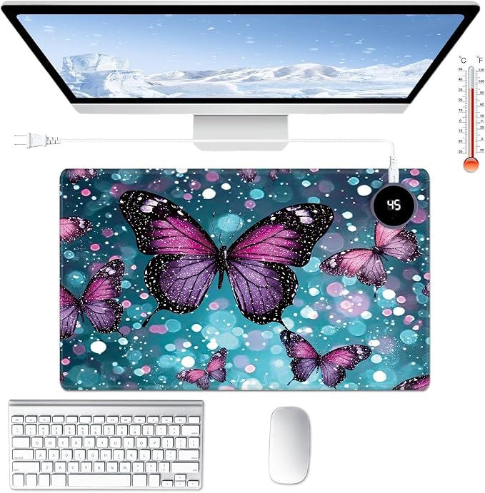 Heated Desk Pad Large Mouse Pad 23.6 x 14.1 inch with 3 Levels Heating & Auto Shut-Off Warm Mouse pad PU Leather Computer Mousepad for Home Office Work - Green Glitter Butterflies