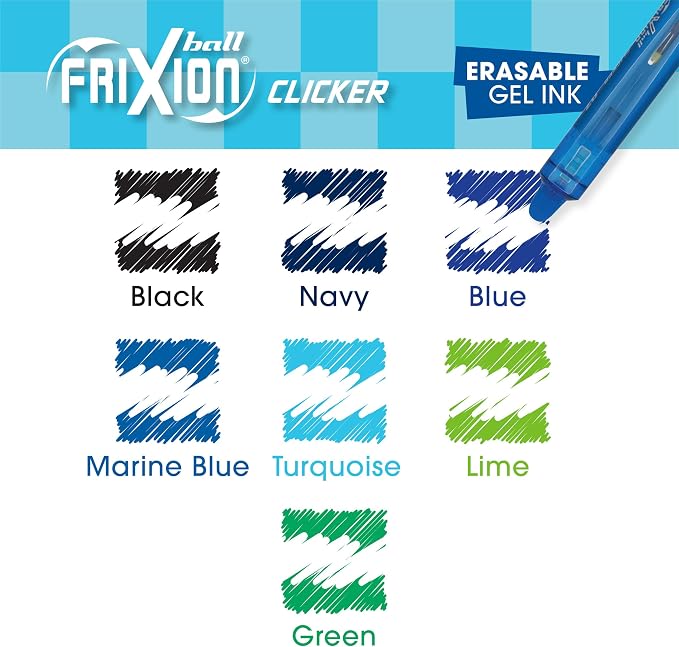 Pilot, FriXion Vibe Clicker Premium Erasable Gel Ink Pens, Find Your ZenFocus Vibe, Calm & Confident Colors, 7 Pack, Fine Point 0.7 mm, Assorted Blue/Green Inks