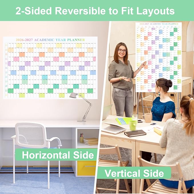24" x 36" Exellewis 2026-2027 Academic Wall Calendar, July 2026 to June 2027, Folded Large Yearly Planner 12 Months, 2-Sided Reversible Horizontal/Vertical School Office Business Year Calendar