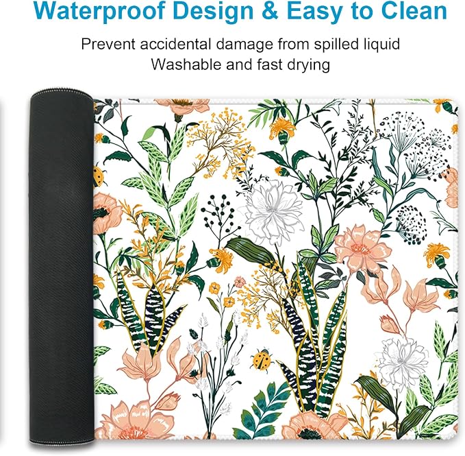 XXL Waterproof Office Desk Pad Protector 35.4x15.7 Inch - Extended Gaming Mouse Pad with Non-Slip Rubber Base, Thickened Keyboard Mat, Stitched Edges & Floral Flowers Design
