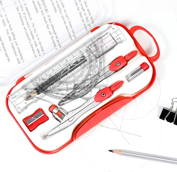 Unjoo Geometry Set 10 Pcs Student Supplies, Protractor and Compass (Red) | Shatterproof Storage Box,Rulers,Protractor,Compass,Eraser,Pencil Sharpener,Lead Refills,Pencil,for Classroom, Back to School