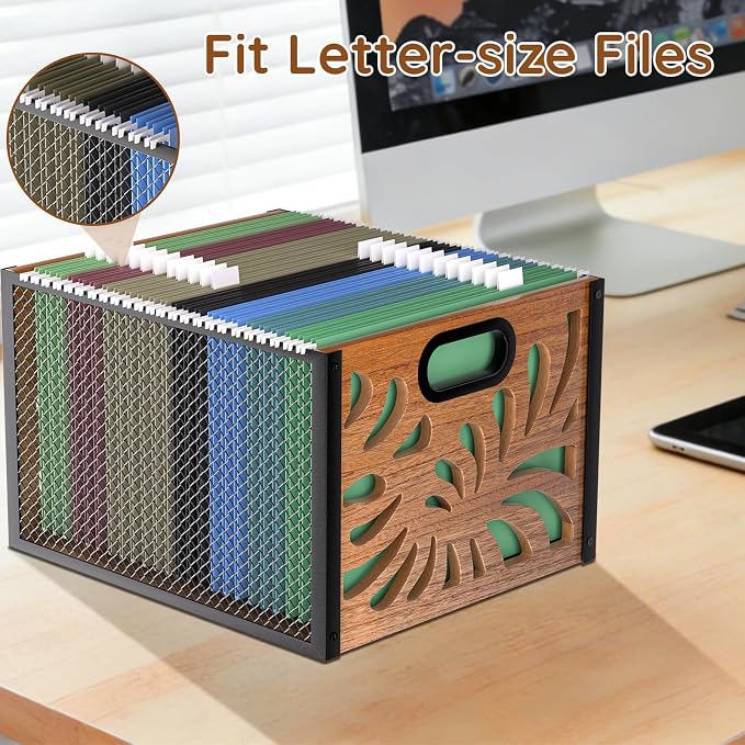 Wood File Box,Hanging File Organizer Box,Portable Files Storage Boxes,Decorative Filing Boxes Bin for Letter Size,Desktop Files Folder Organizer for Home Office School Desk Cabinet