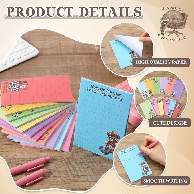 12 Pack Funny Notepads, 5x3 Inches Sarcastic Note Pads Memo Fun Office Gifts for Coworkers Work Women Men Employee Teacher Boss Desk Accessories Gifts(Raccoon,Multicolor)
