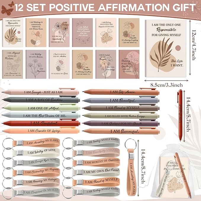 Mooliwe 12 Set Positive Affirmation Gift Set Gratitude Notebooks with Pens Keychains Small Bags Motivational Party Favors for Adult Women Coworkers Employee Group (Elegant)