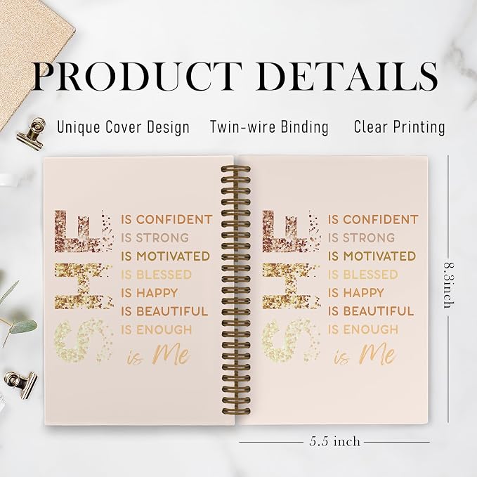 Inspirational She Is Me Spiral Notebook, Beige Gold Self Care Journal Notebook, Self Love Notebooks for School Work, Positive Affirmations Office Supplies Gifts for Women Girls, 5.5x8.3 Inch