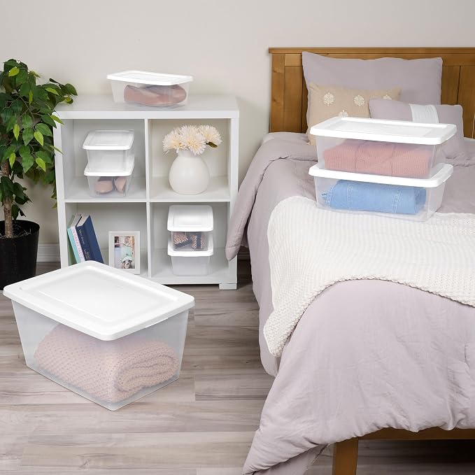 Sterilite Clear Storage Box Stackable Tote, 58 Quart, 16-Pack | Clear Plastic Container with Secure Snapping Lids for Home and Office Organization, White