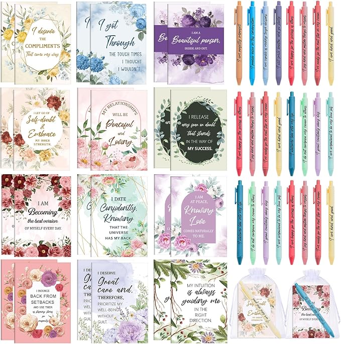 Mooliwe 24 Pcs Positive Affirmation Gift Set Gratitude Notebooks with Pens Small Bags Motivational Encouragement Notepads Daily Affirmations Journal for Women Stress Relief Self Care (Watercolor)