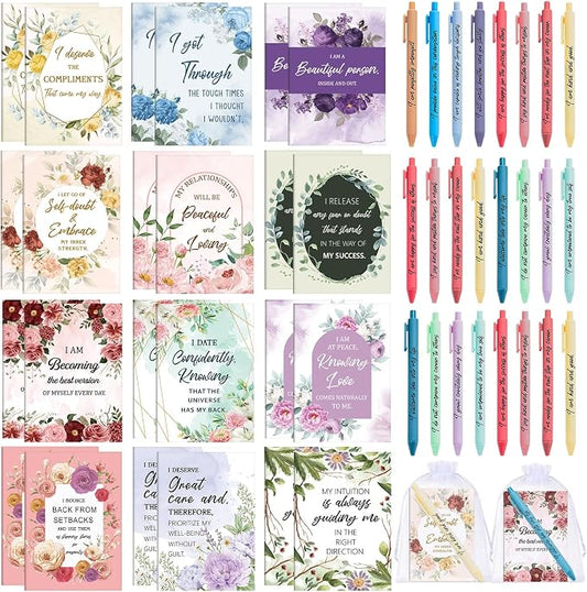 Mooliwe 48 Pcs Positive Affirmation Gift Set Gratitude Notebooks with Pens Small Bags Motivational Encouragement Notepads Daily Affirmations Journal for Women Stress Relief Self Care (Watercolor)