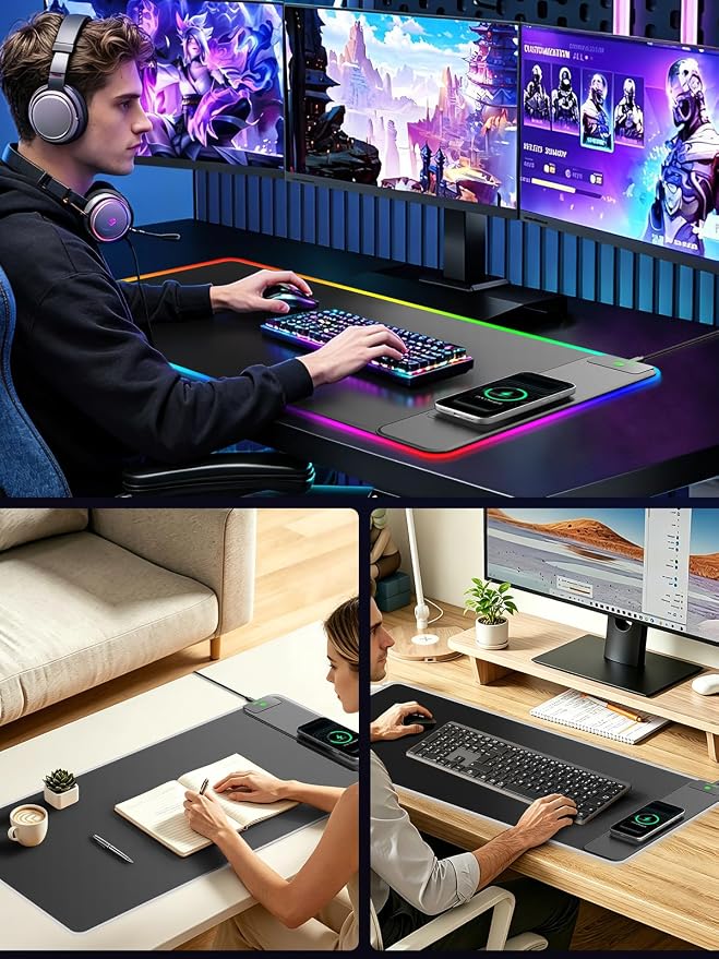 Wireless Charging Mouse Pad Gaming, 31.5"x15.8" Large Desk Mat, Waterproof | RGB Mousepad, Smooth Glide, Stitched Edge, Non-Slip Rubber Base, Desk Pad Computer Keyboard Mat, No Adapter