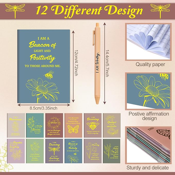 Mooliwe 24 Pcs Positive Affirmation Gift Set Gratitude Notebooks with Pens Small Bags Motivational Encouragement Notepads Daily Affirmations Journal for Women Stress Relief Self Care (Morandi)