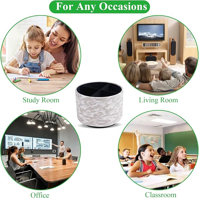 Round Leather Art Supply Organizer,Remote Control Holder,360 Degree Rotating,Multi-Functional Pencil Holder,4 Compartments Desktop Stationary Organizer(1-Camouflage White)