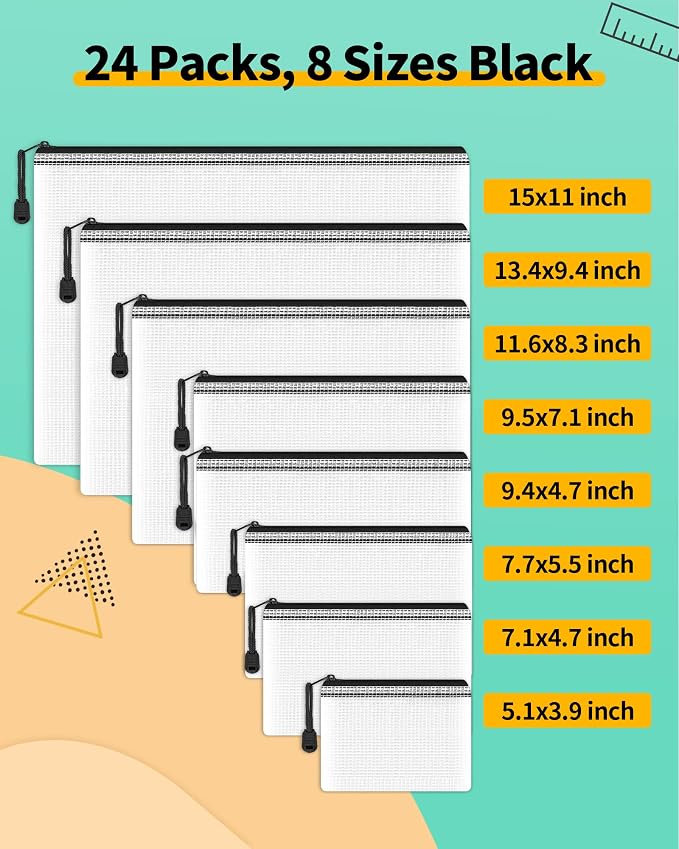 Smarpau 24 Pack 8 Sizes Black Mesh Zipper Pouches for Organizing, Multipurpose Waterproof Zipper Bags for Travel, Office, Home Storage