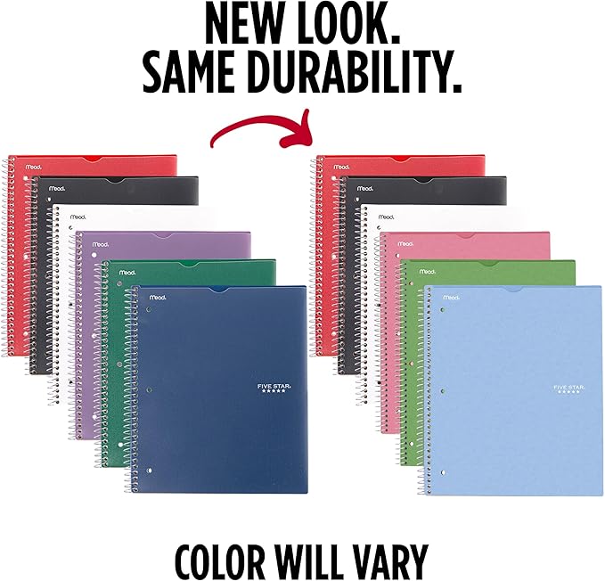 Five Star Spiral Notebook + Study App, 6 Pack, 1 Subject, College Ruled, 8-1/2" x 11", 100 Sheets, Fights Ink Bleed, Customizable Water Resistant Cover, Assorted Colors (820045-ECM)