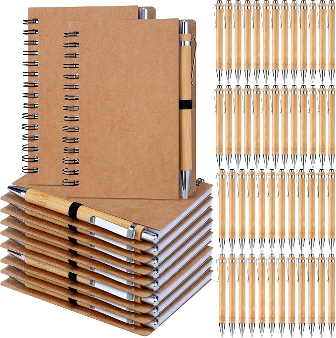 Engrowtic 50 Set Bulk Notebooks with Pens Employee Appreciation Gifts, Spiral Kraft Pocket Notebooks Lined Journal with Bamboo Pens Personalized Gifts for Teachers Back to School Favors