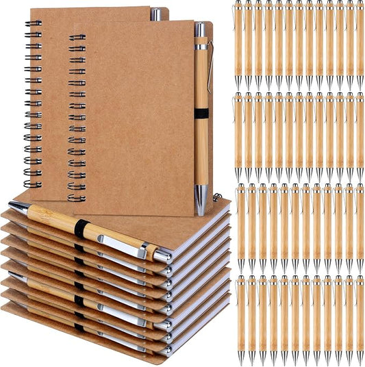 Engrowtic 50 Set Bulk Notebooks with Pens Employee Appreciation Gifts, Spiral Kraft Pocket Notebooks Lined Journal with Bamboo Pens Personalized Gifts for Teachers Back to School Favors