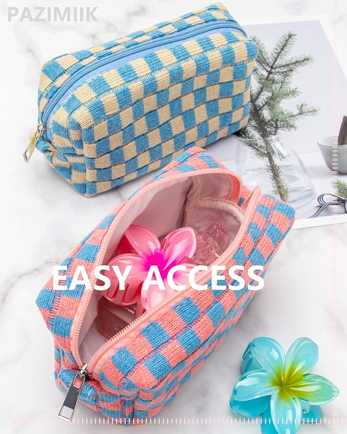 Checkered Makeup Bag for Purse, Small Travel Cosmetic Pouch,Red Blue | Cute Zipper Makeup Organizer for Women, Travel Essentials, Toiletries, Makeup Brushes, Beauty Accessories&Bridesmaid Gifts
