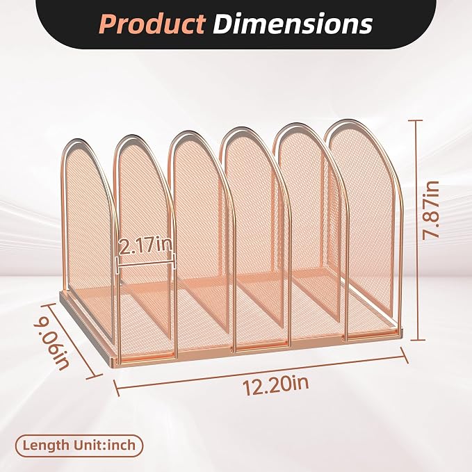 5-Section File Organizer for Desk, Metal File Folder Holder, Rose Gold | 5 Vertical Compartments with Sturdy Metal Base for Office Documents Books Magazines and Laptop